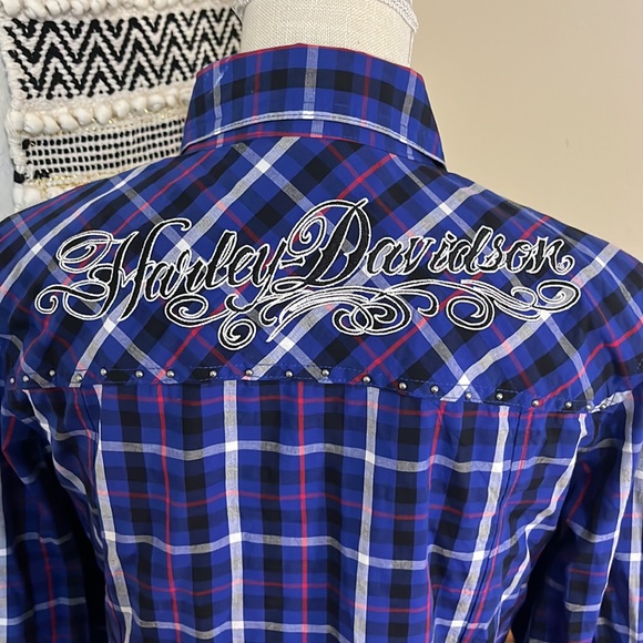 Harley-Davidson Plaid Button-down Long Sleeved Top/ Size Medium/ Blue - Picture 7 of 9